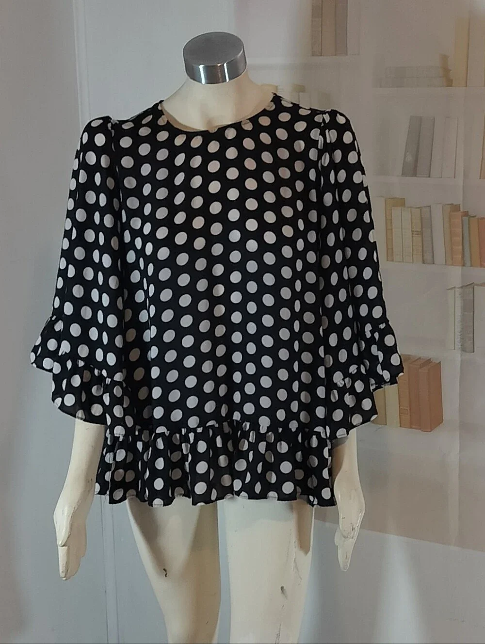 Michael Kors Black Blouse with White Polka Dots and Ruffle Hem
